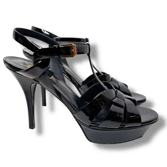 Saint Laurent Tribute Black Patent Leather Platform High Heel Sandals Size 37.5 - Picture 2 of 13